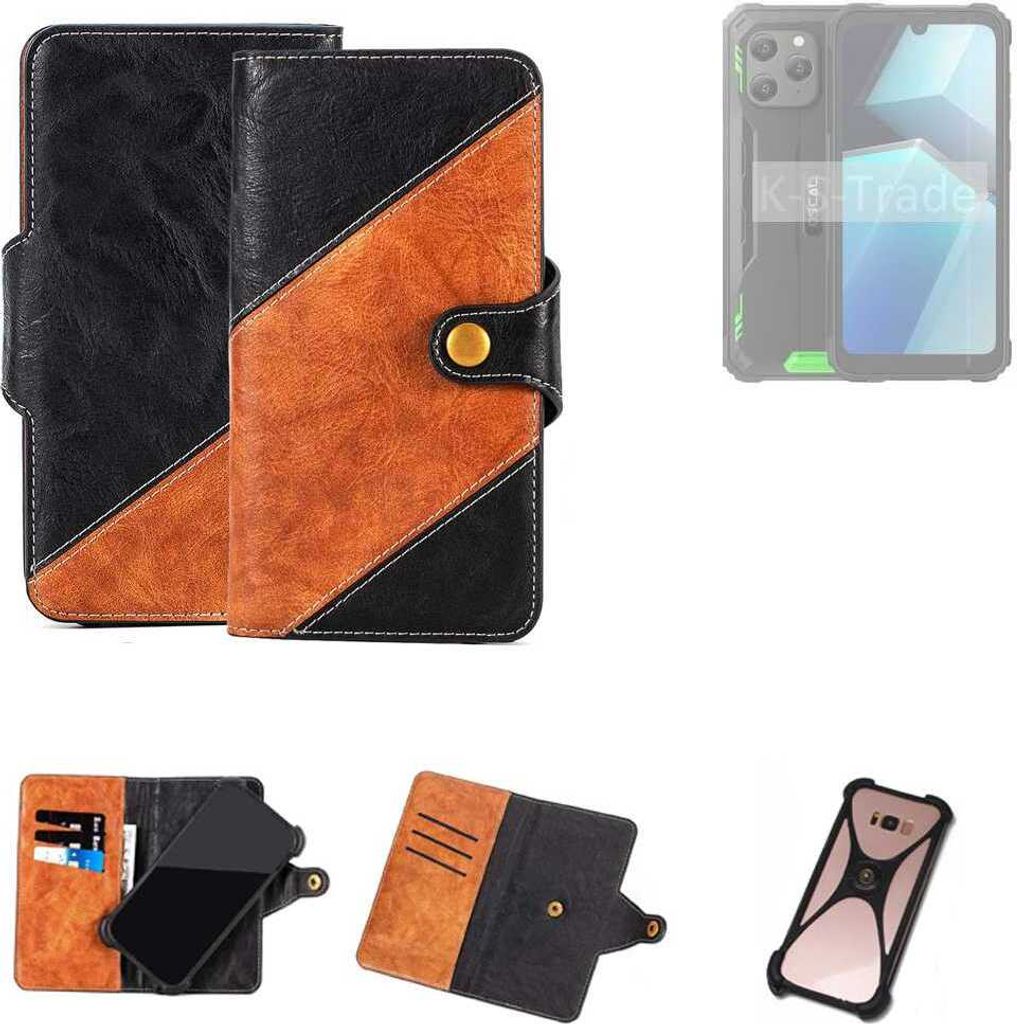 K-S-Trade Handyhülle Schutzhülle Bookstyle Case Wallet-Case kompatibel mit Blackview Oscal S70 Pro Handy Cover Bumper Klapphülle schwarz hellbraun