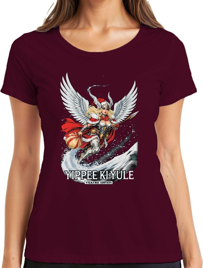 YIPPEE KI-YULE Valkyrie Weihnachten Wikinger Flügel Lustig Damen T-Shirt, Burgundy, M