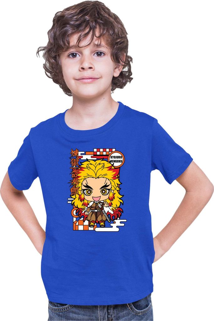 Kinder T-Shirt Demon Anime Slayer Kimetsu No Yaiba Chibi Kyojuro Rengoku, 7-8 Jahr - 128 / Blau