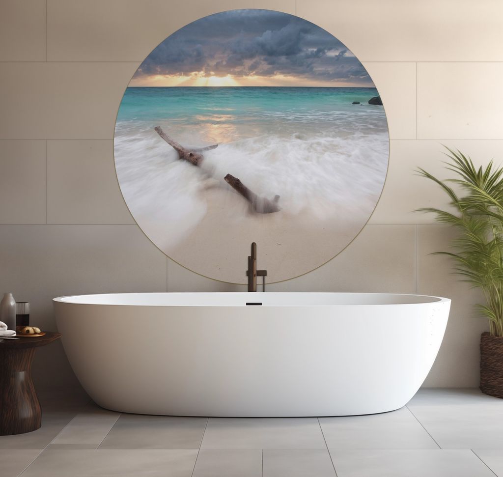 Wallario wasserfestes Poster selbstklebend 120 x 120 cm, Wellen am Strand bei Sonnenuntergang, Badezimmerposter Spritzschutz mit Hochglanzoberfläc...