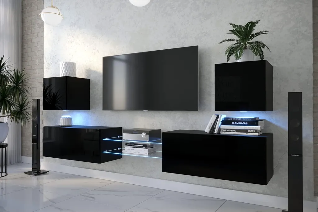 Meuble TV Suspendu Design Moderne avec Éclairage LED Bleu Furnitech