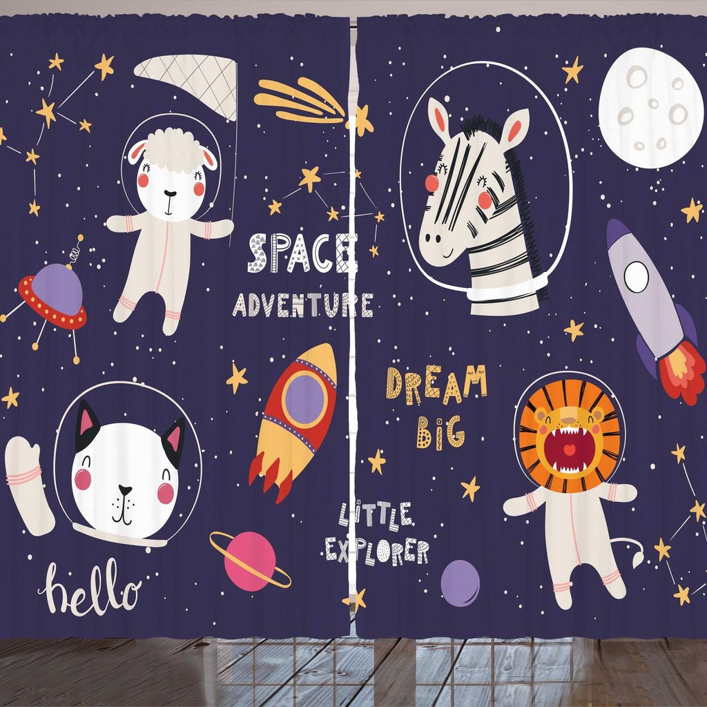 ARANDE Galaxis Gardine, Zebra Lion Katze Schaf Astronauts Tierfiguren Sterne Weltraumrakete, 280 x 260 cm, Mehrfarbig