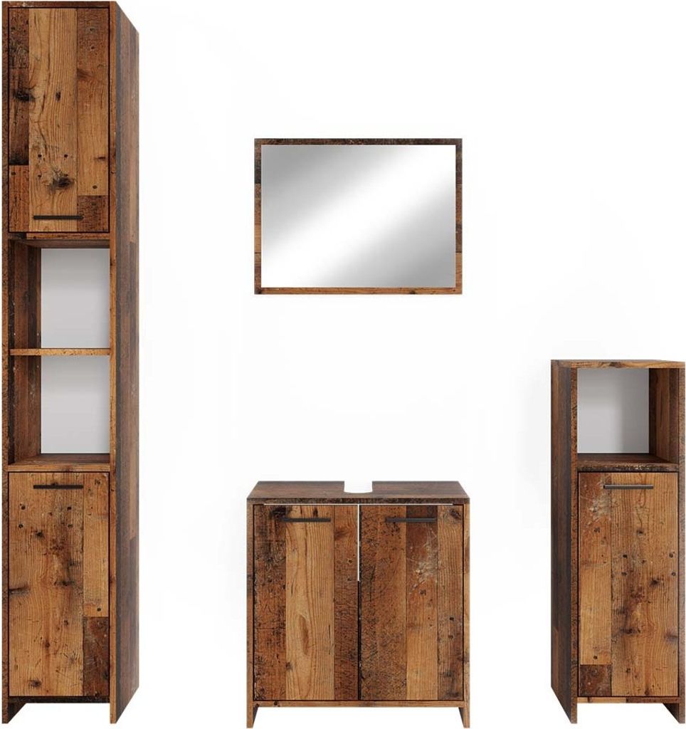 A set of bathroom furniture pieces arranged against a white background.