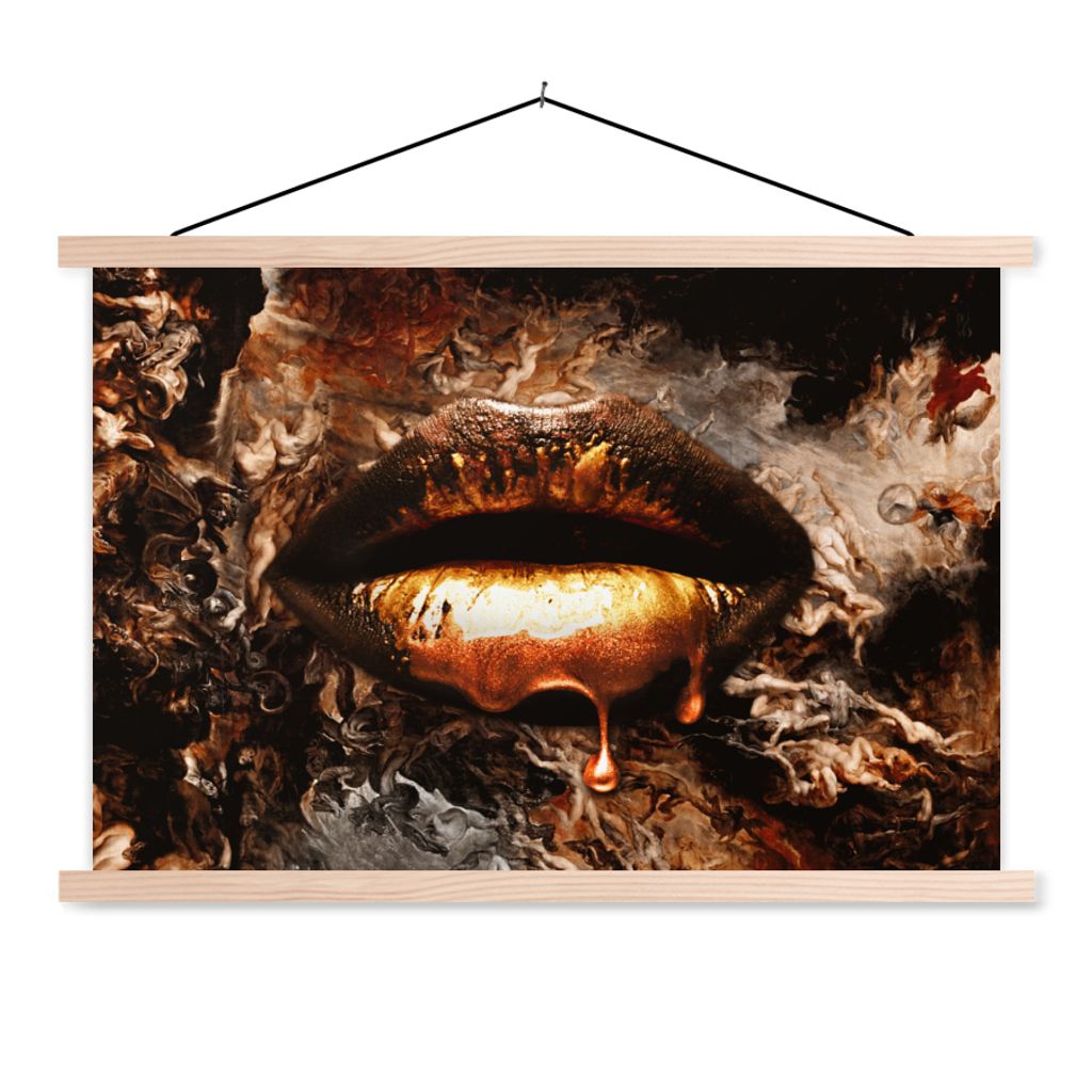 MuchoWow Textilposter Gold - Lippen - Kunst - Gold - Luxus - Abstrakt 60x40 cm mit holzfarbenen Rahmen - Bilder
