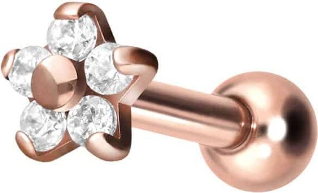 Ohrpiercing Titan Ohrpiercing mit Innengewinde BLUME MIT 5 KRISTALLEN RoséGold Stablänge: 6mm