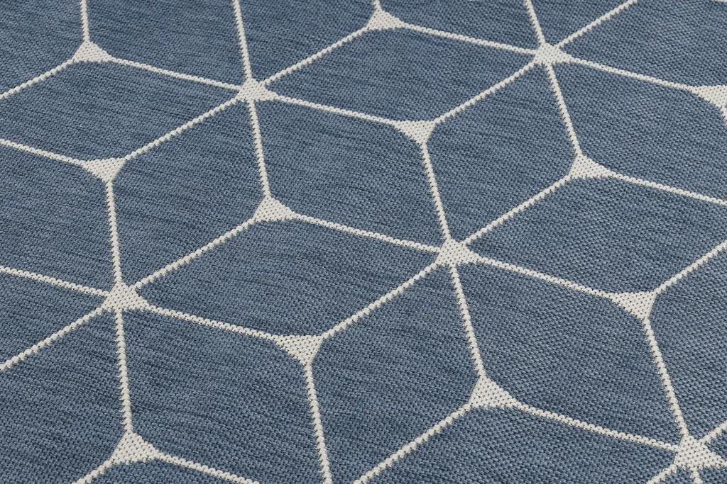 Tapis d'entrée design bleu 3D en sisal plat, idéal petit espace