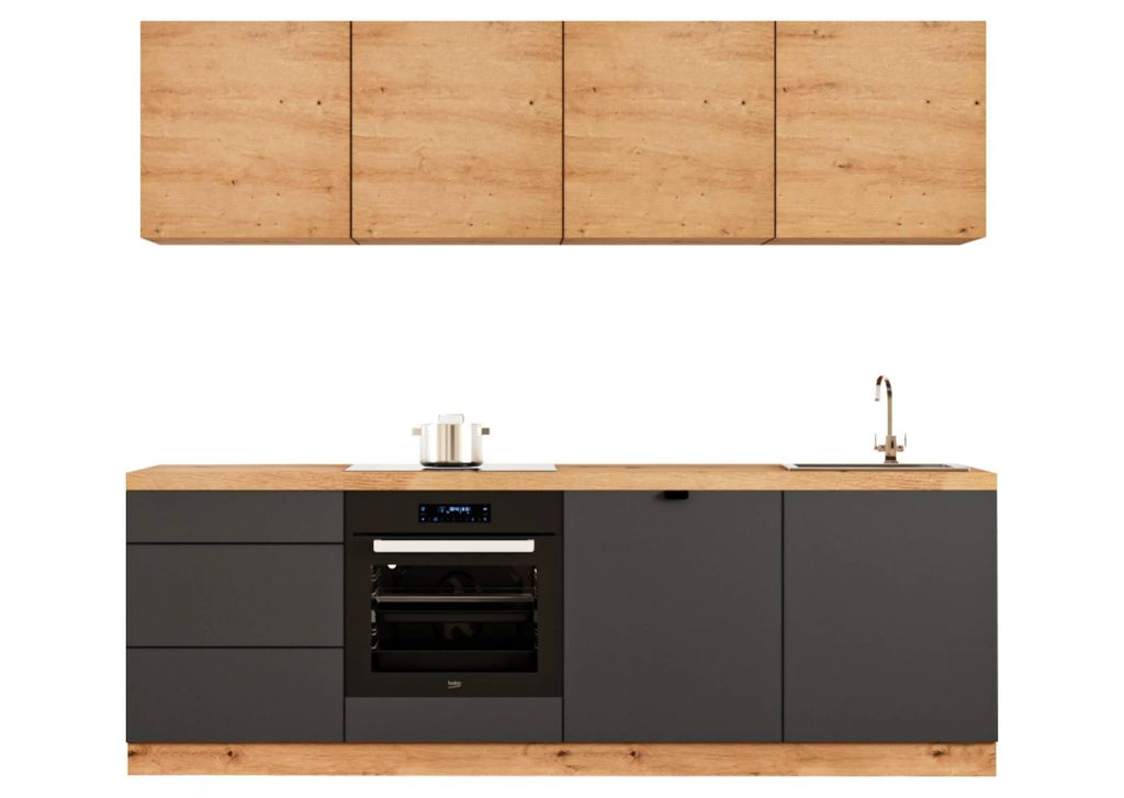 Küchenzeile 240 cm Ohne Arbeitsplatte Einbauküche Moderne Küchenzeile, Langen KL28-M240 Grau/Artisan Eiche