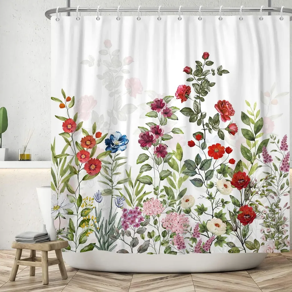 Rideau de douche anti-moisissure à fleurs 180x200, textile lavable 30°C