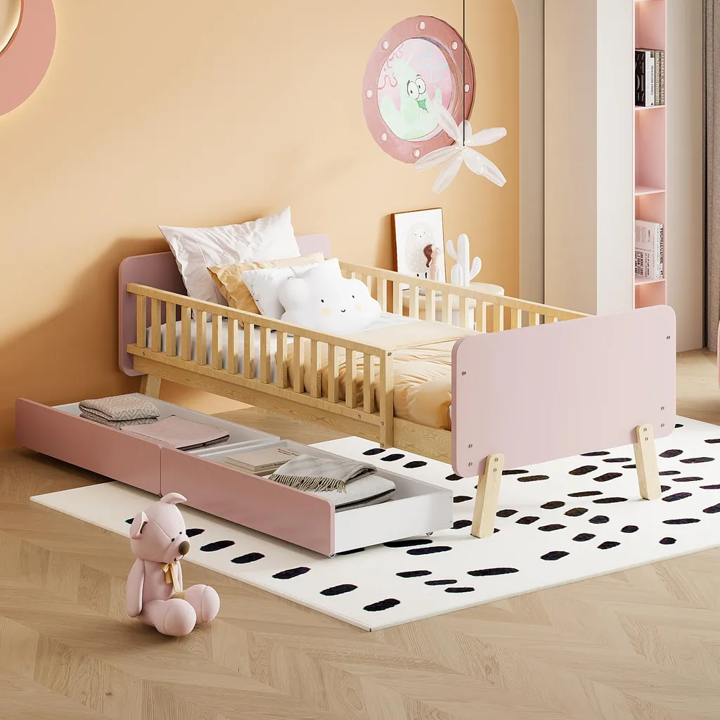 Lit pour Chambre d'Enfant Rose 90x190 cm avec Tiroirs de Stockage en Bois