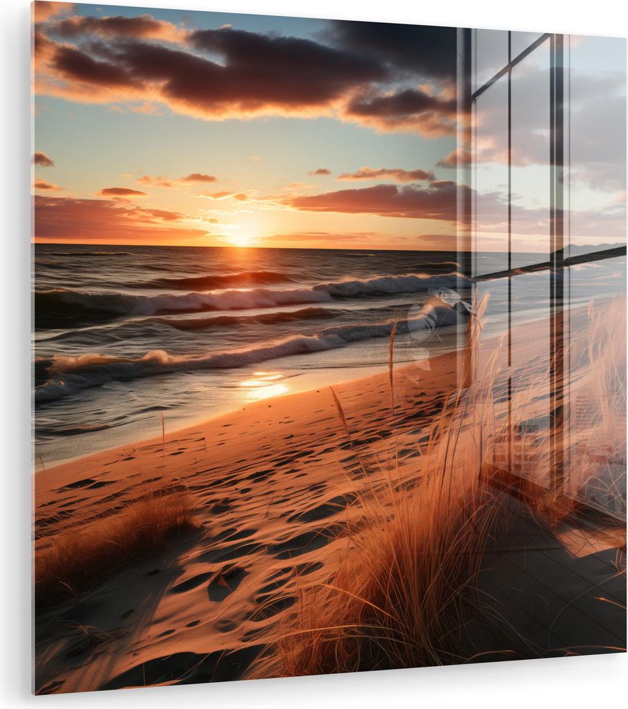 MuchoWow Glasbilder - Bilder auf Wandbild - Foto auf Glas Strand - Sonnenuntergang - Dünen - Meer - Hochgras 20x20 cm Wanddekoration aus Glas - Ac...