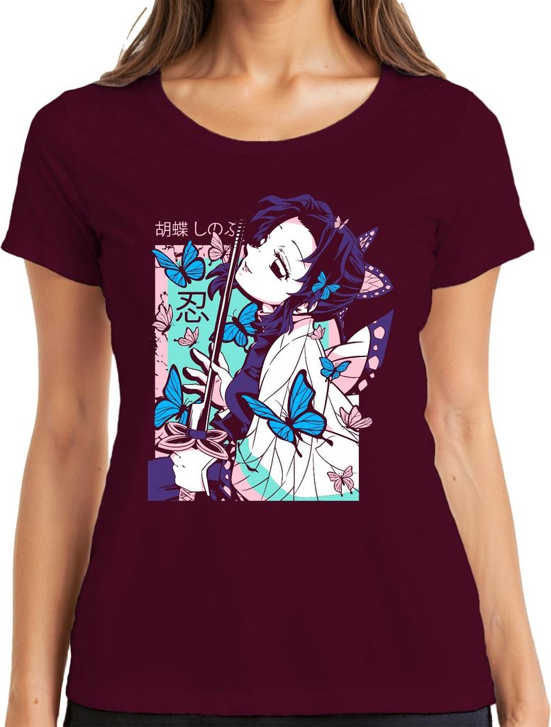 胡蝶しのぶ Schmetterling Anime Katana Kawaii Geschenk Damen T-Shirt, Burgundy, S