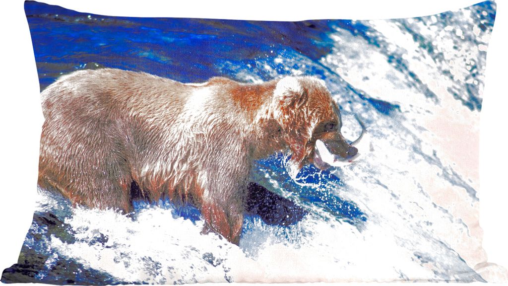 MuchoWow Zierkissen Sofakissen Wohnzimmer Dekokissen 50x30 cm Bär - Fisch - Wasserfall - Wohnzimmerdekoration - Polster mit Photo