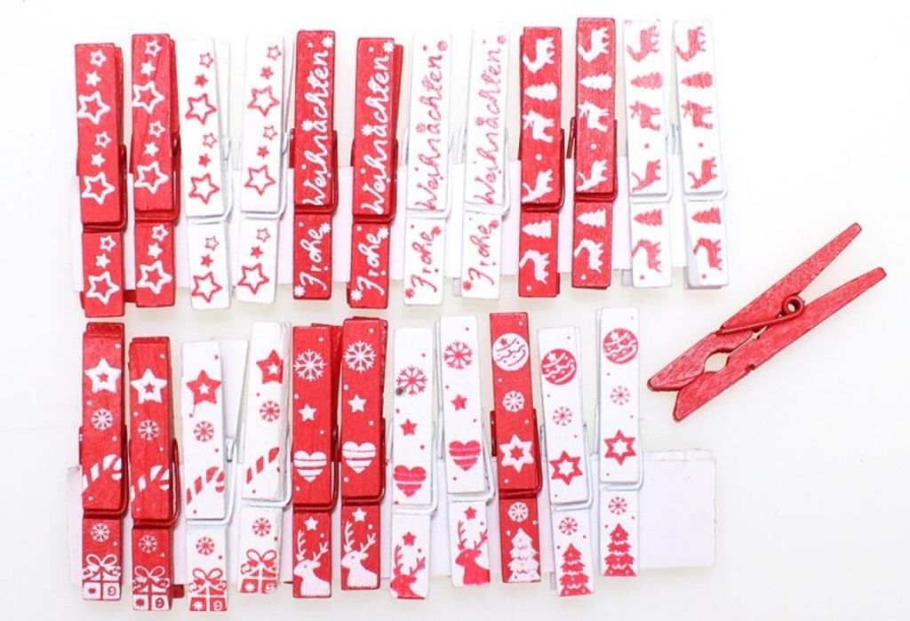24 Klammern Holz rot weiß 4,8x1,1cm Wäscheklammern Dekoklammern Zwicker Geschenk