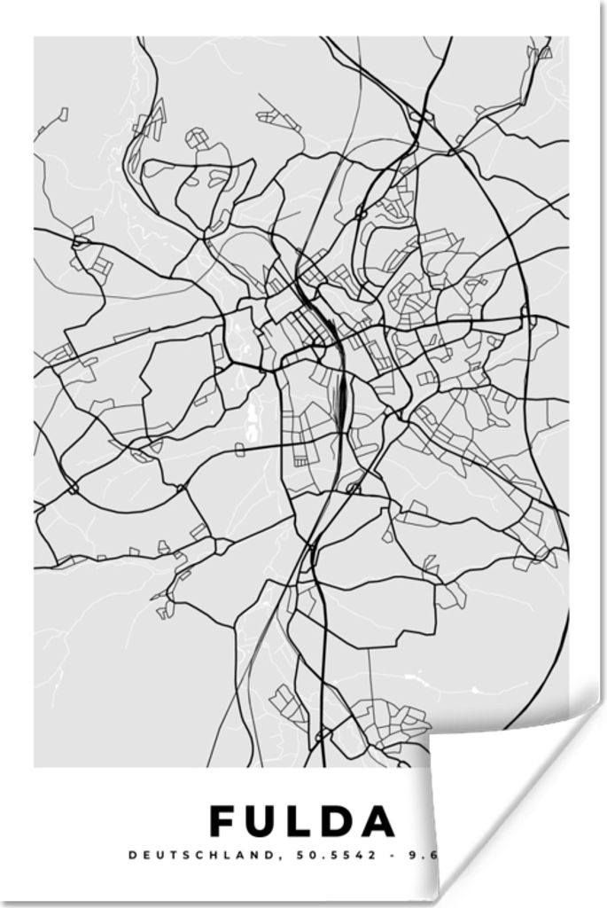 MuchoWow Poster Fulda - Karte - Stadtplan - Deutschland 40x60 cm - Plakate für die Wand - Poster Babyzimmer