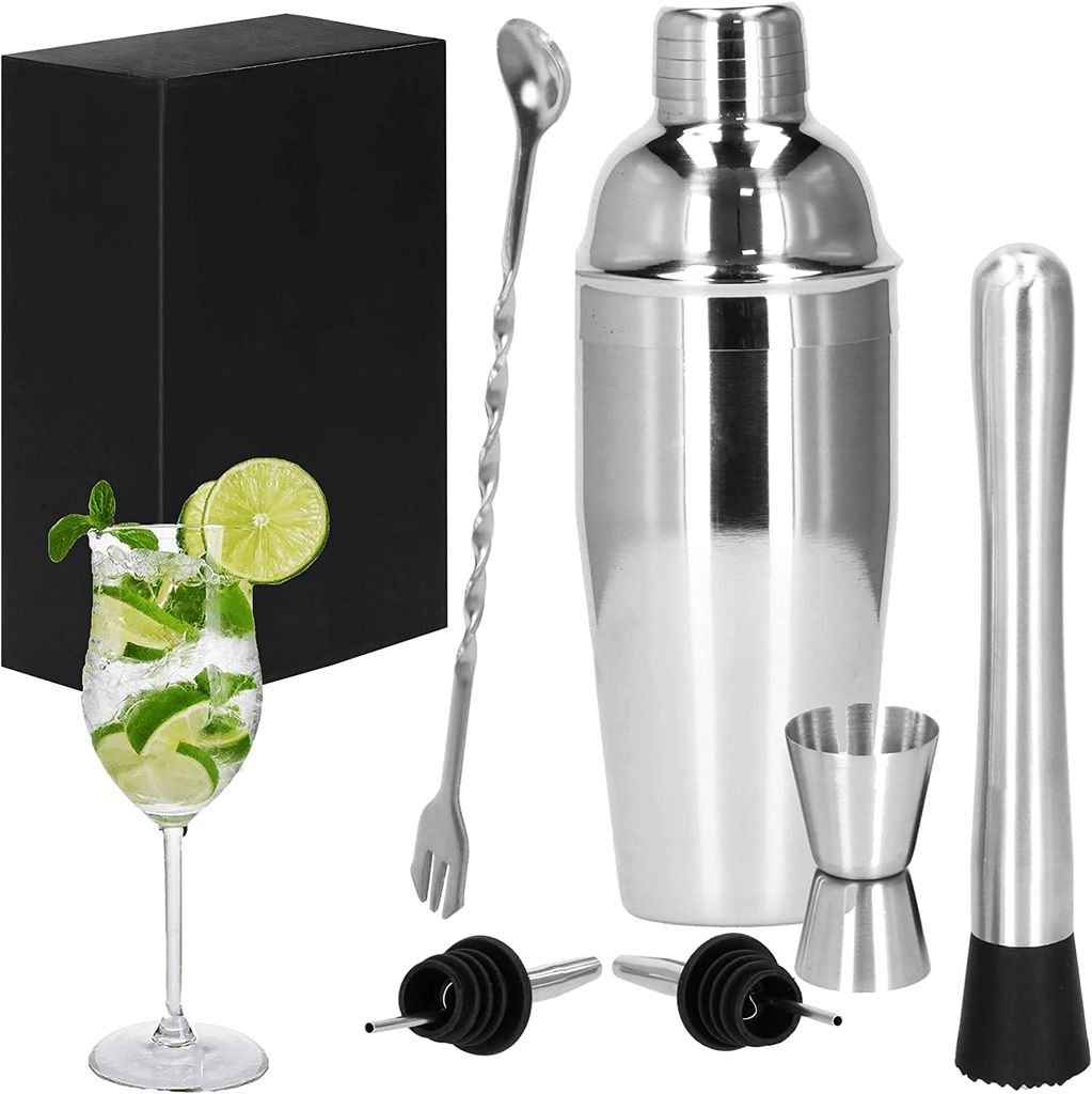SPRINGOS 6-teiliges Cocktail-Shaker-Set mit Cobbler-Shaker Cocktail Set aus Edelstahl Shaker 750 ml Schnapsgießer Mischlöffel Löffel Gabel Bar-S...