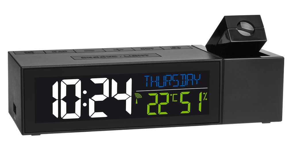 A black digital alarm clock with a projection unit on top, displaying the time, day, and temperature.