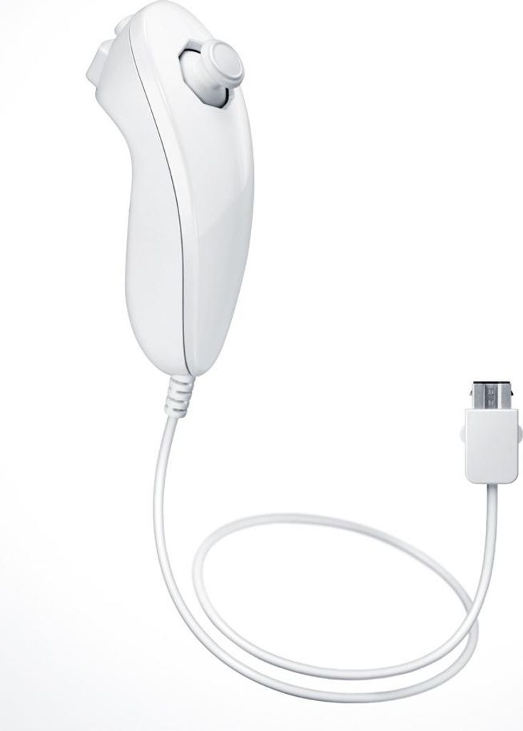A white Nintendo Nunchuk controller with its cable and connector is shown against a white background.