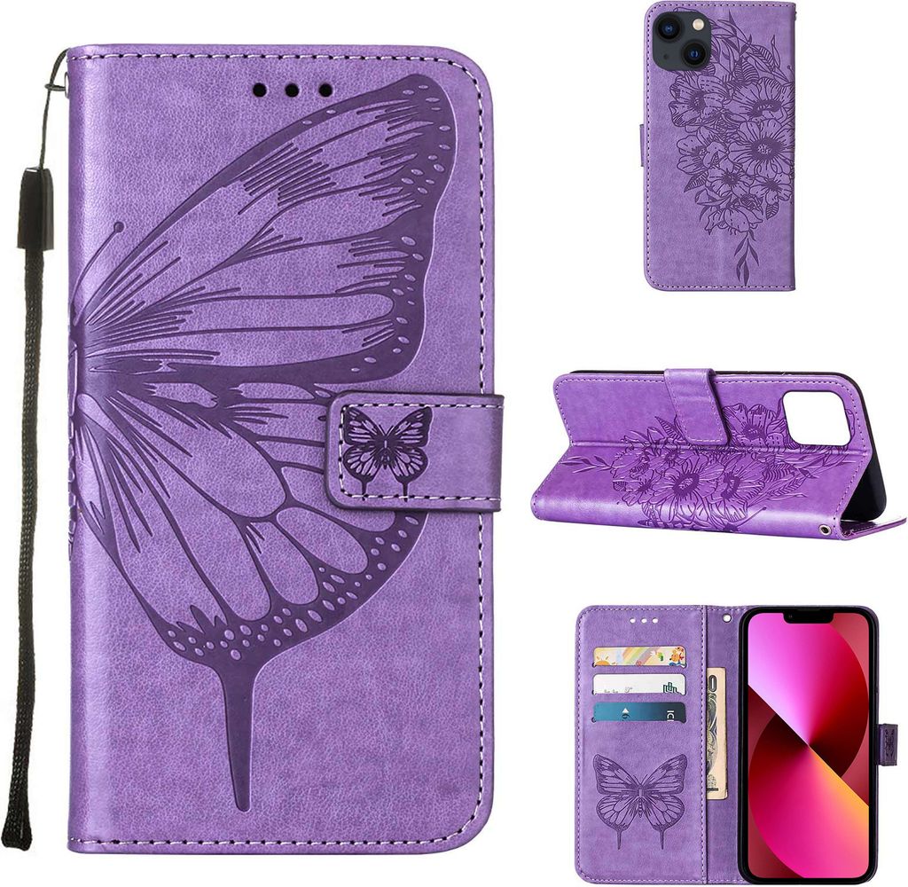 iPhone 13 Hülle, Schmetterling Prägung Flip Leder Kartenfächer Schutzhülle Ledertasche mit Ständer für iPhone 13 Violett