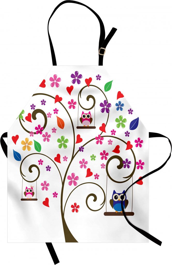 ABAKUHAUS Eulen Kochschürze, Baum mit den Blumen und Eulen, die kurvige dekorative Linien spielerisches Design schwingen schwingen, Höhenverstell...