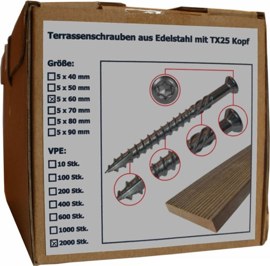 Terrassenschraube aus Edelstahl mit Torx Kopf, Größe 5 x 60 mm, Anzahl 2000 Stück (Pack à 2.000 Stüc