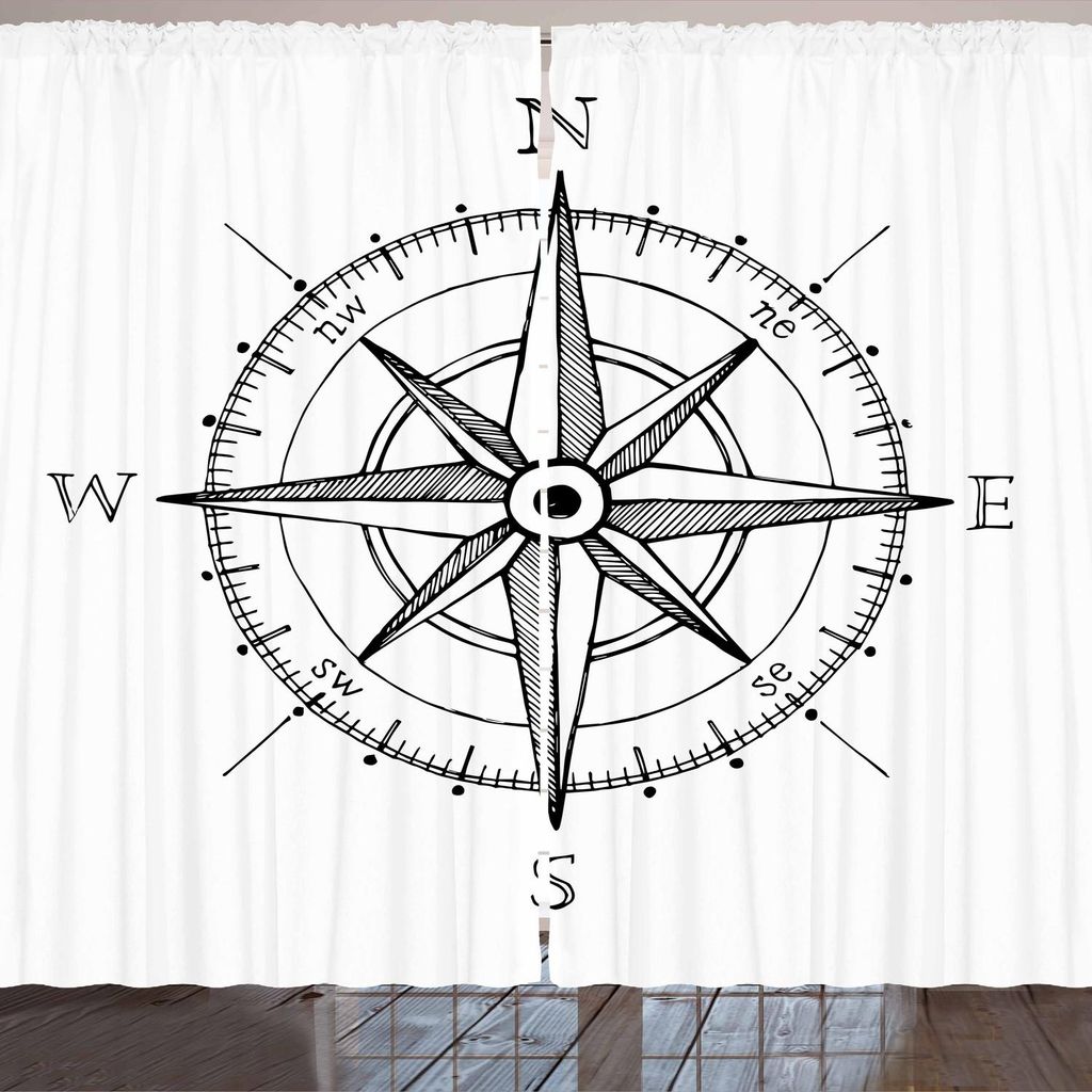 ARANDE Kompass Gardine, Skizze von Kompass Windrose Nord Süd Ost Westen Richtungen Muster, 280 x 225 cm, Weiß Schwarz