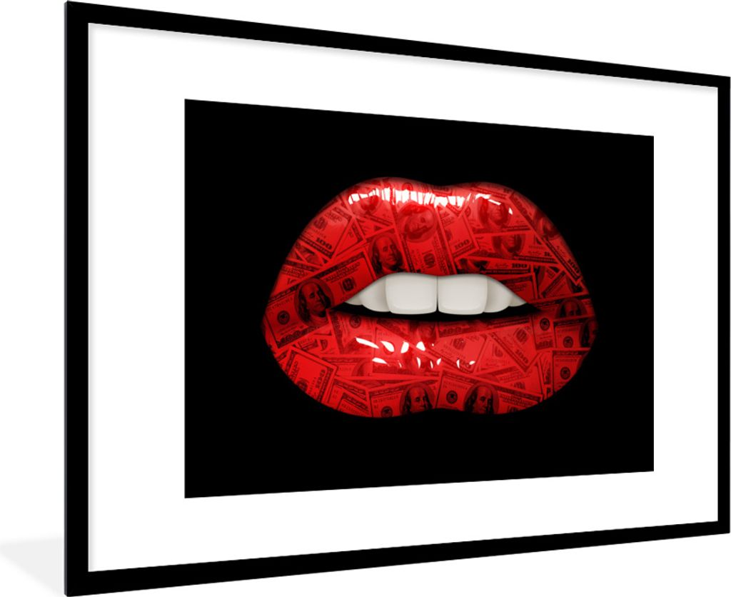 MuchoWow MuchoWow Gerahmtes Poster Lippen - Geld - Rot 90x60 cm - Poster mit zchwarzem Bilderrahmen - Wanddekoration - Fotos
