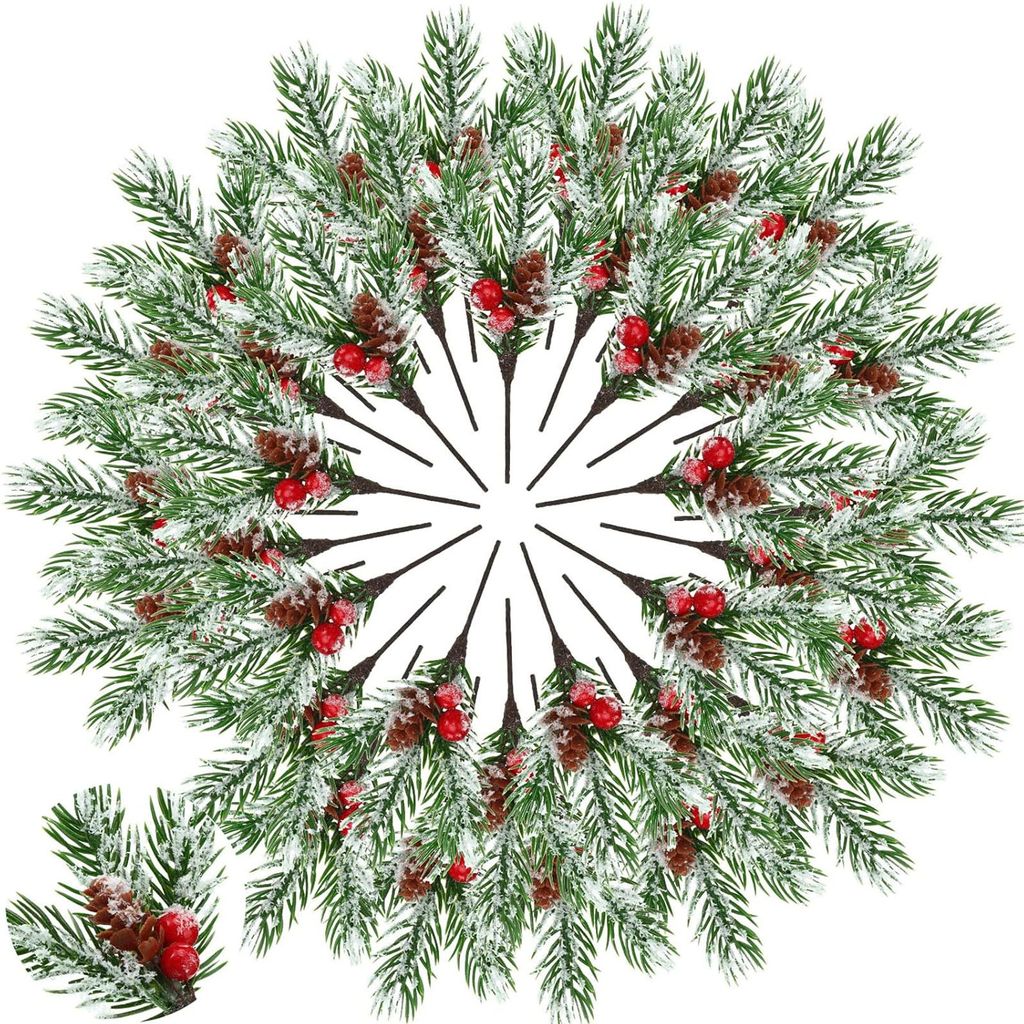 Rote Beerenstiele, Tannenzweige mit Schnee, künstliche Weihnachtsdekoration, Tannenzapfen mit Blumenmuster, Kunststiele, Sprühdekoration, Weihnac...