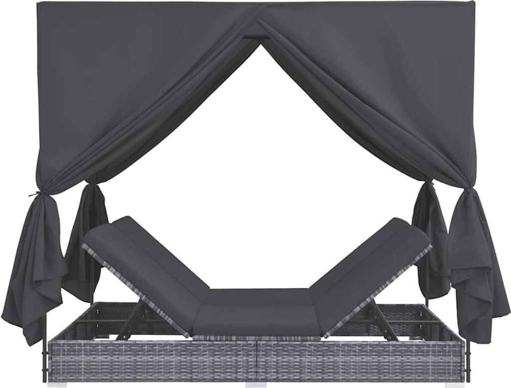 vidaXL Outdoor-Lounge-Bett mit Vorhängen Poly Rattan Grau Produktbild 3