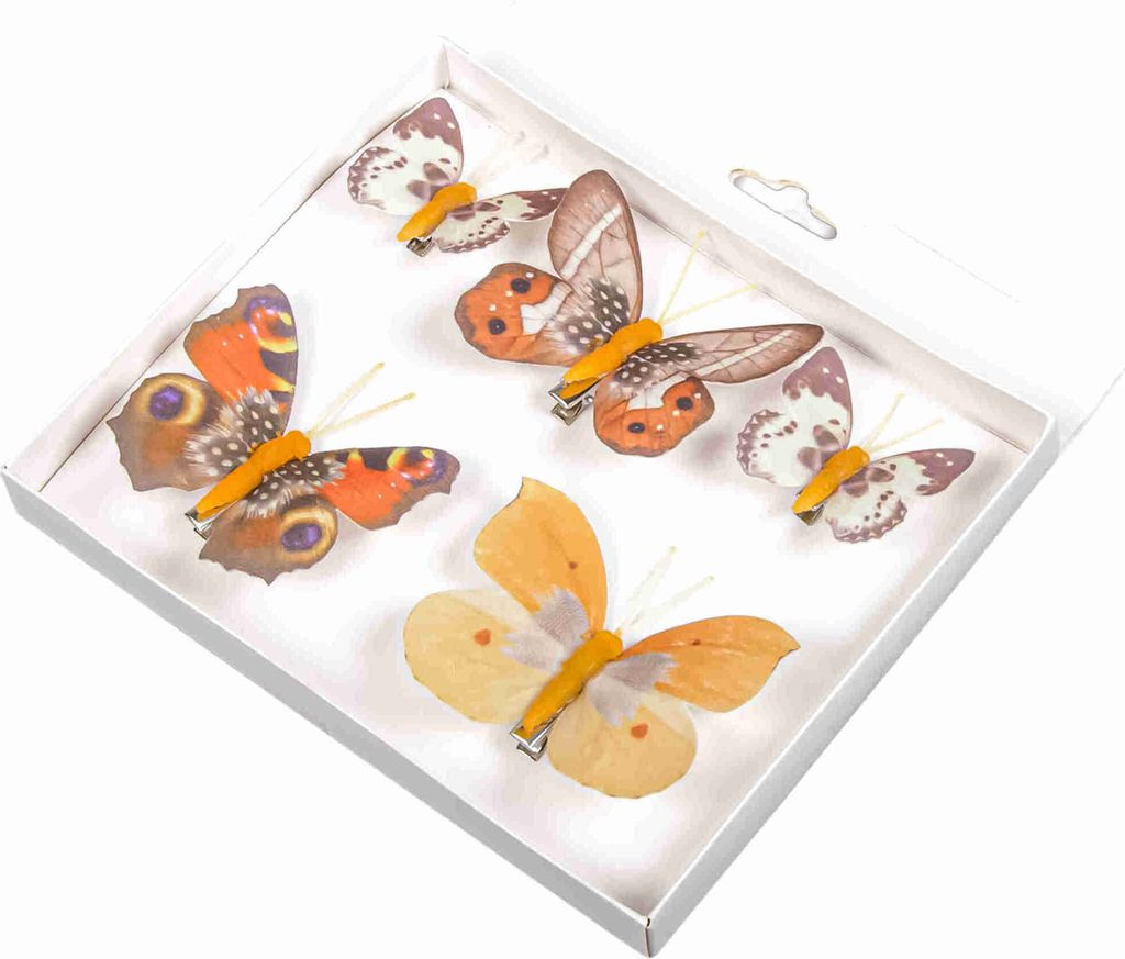 5 Schmetterlinge Set 5 + 8cm mit Metall Clip Foam Butterfly Frühling, Farbe:orange-braun