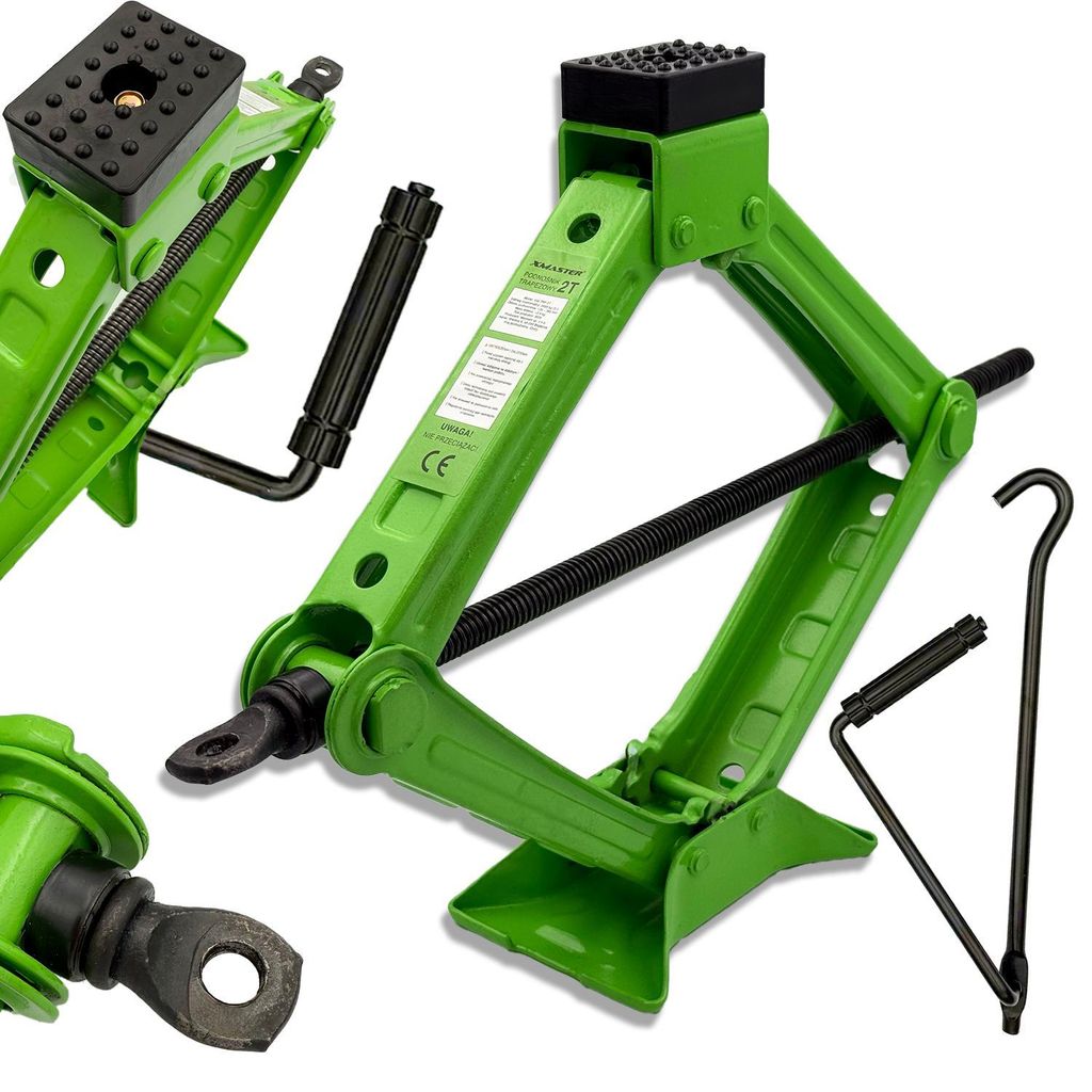 A collage of images showing a green scissor jack and its accessories against a white background.