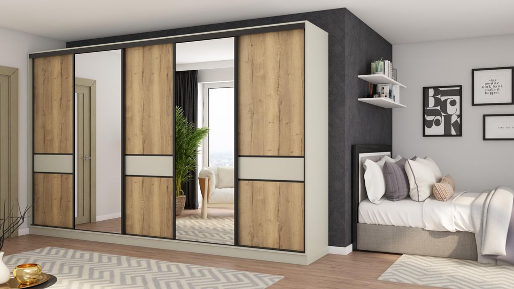 Schiebetürenschrank 5D/360 mit Spiegel – Kaschmir Beige/Eiche Halifax, 360x244x65 cm