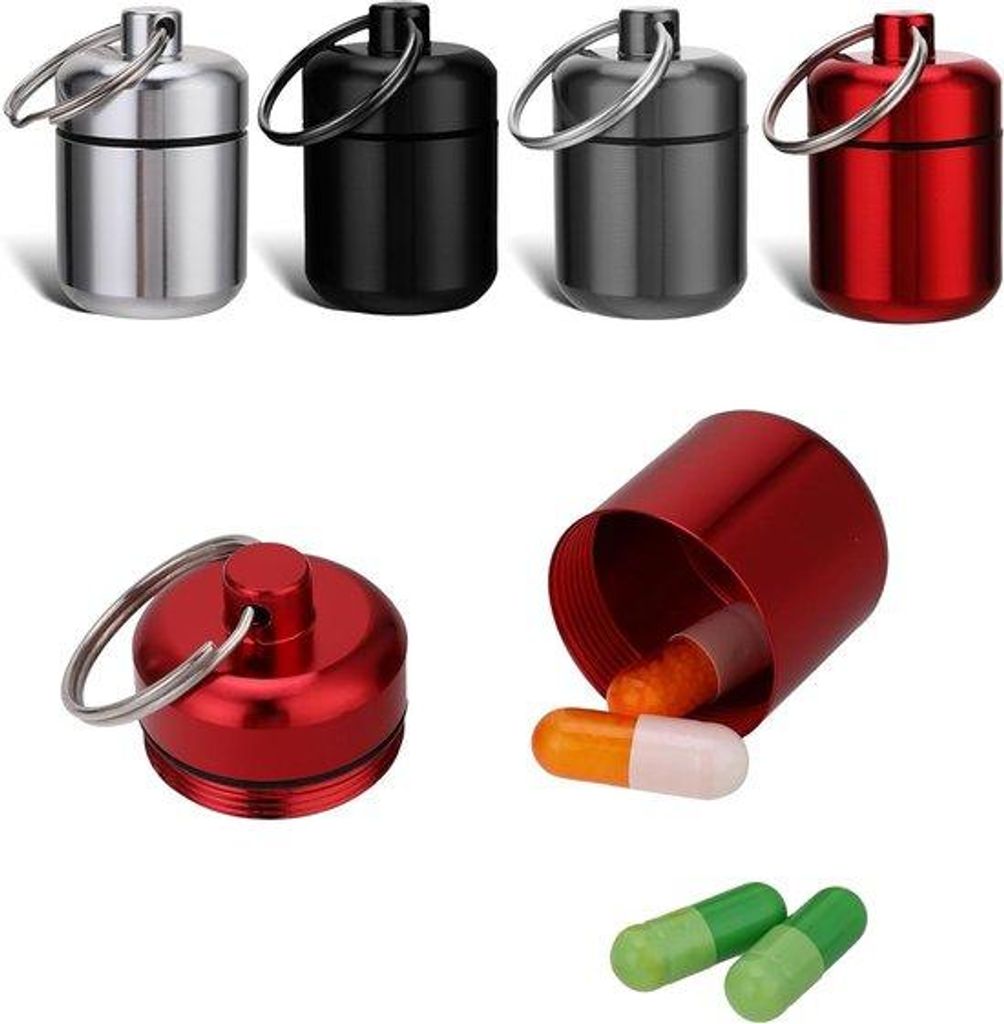 Miniatur Pillendoos Set aus 4 Teilen, Wasserdichter Mini Kapsel für Reisen, Camping und Angeln, Schlüsselanhänger und praktische Aufbewahrung