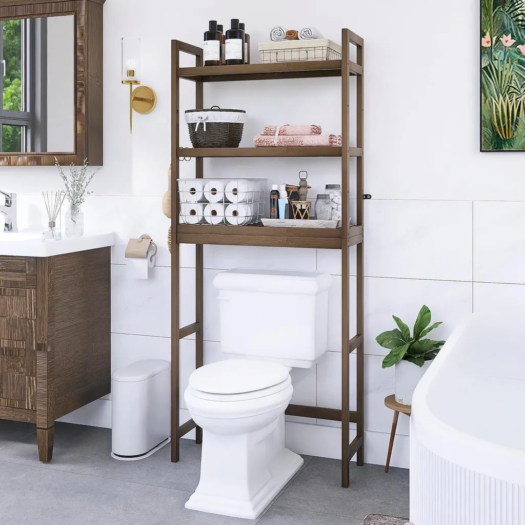 Étagère de salle de bain en bambou noyer avec 3 niveaux réglables