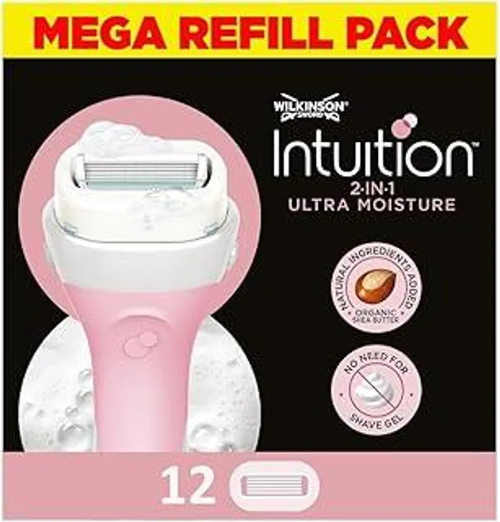 Lame Intuition Ultra Moisture per donne | Non è necessario utilizzare gel da barba | Confezione da 12 ricariche di lame da barba
