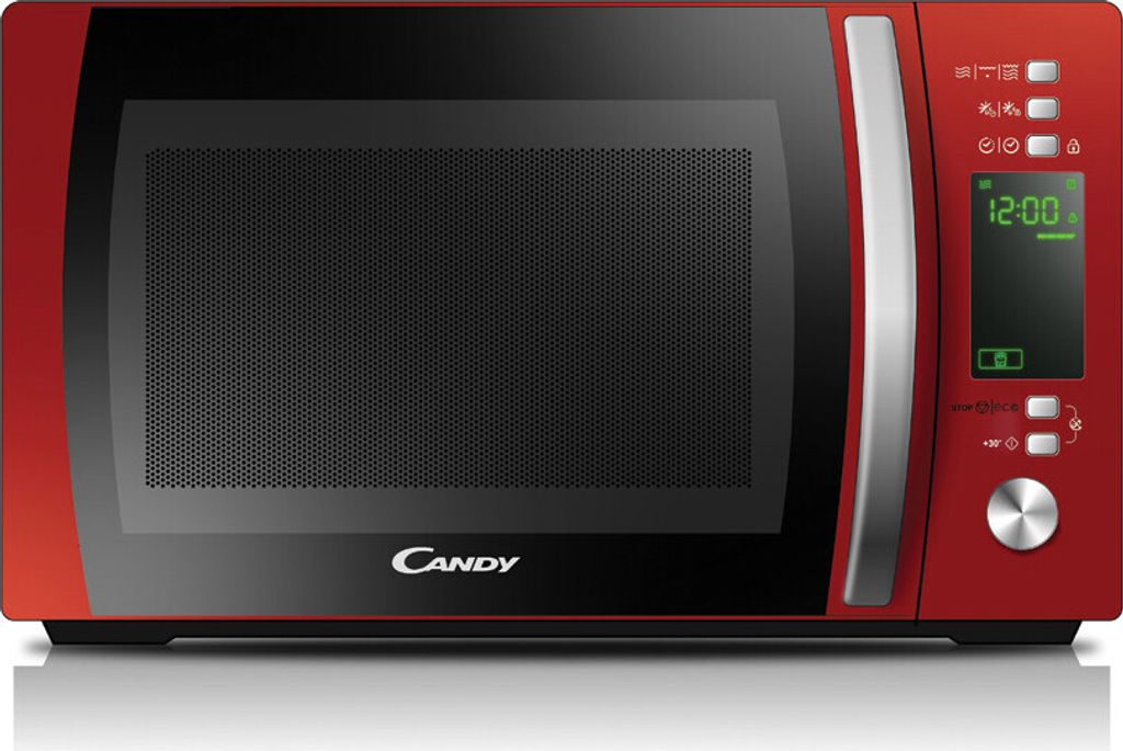 A studio shot of a red Candy microwave.