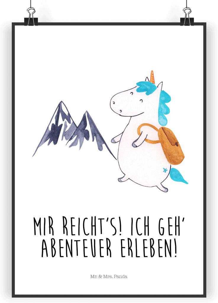 Mr. & Mrs. Panda Bild Einhorn Bergsteiger DIN A3 - Weiß - Geschenk, drucke, Abenteuer, Reisen, Einhörner, Urlaub, Unicorn, Plakat, Kunstdruck, wa...