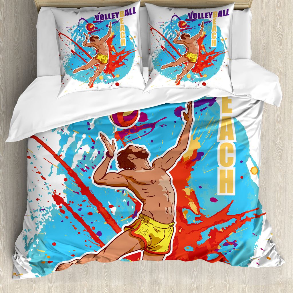 ABAKUHAUS Strand Bettbezug, Ball in Strand, Milbensicher Allergiker geeignet mit Kissenbezügen, 200 cm x 200 cm - 80 x 80 cm, Himmelblau und Rot