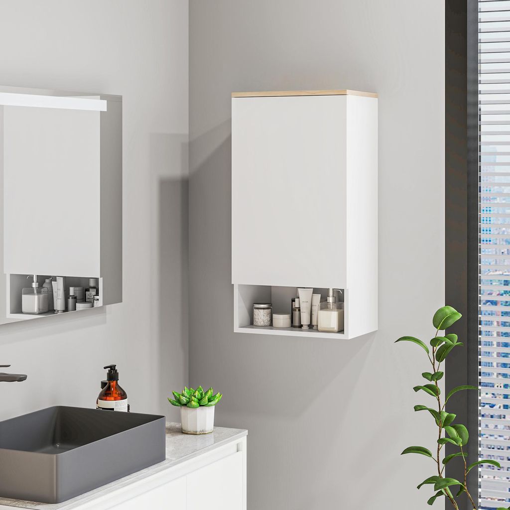 Badezimmer Wandschrank Weiß, Hängeschrank Holzoptik mit verstellbaren Ablagen, griffloses Design, Spanplatte | 40x27x77 cm | 10,3 kg | offenes Regal