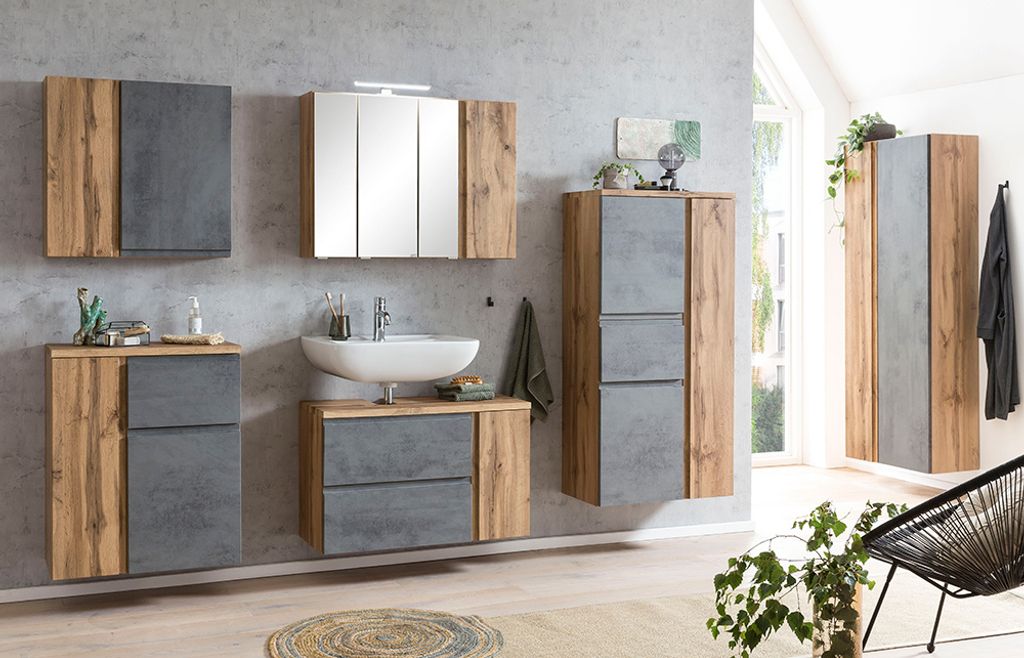 Badezimmer Komplett Set in Wotan Eiche Nb. mit grau, LED Beleuchtung, stehend oder hängend, VASTO-03-CONCRETE
