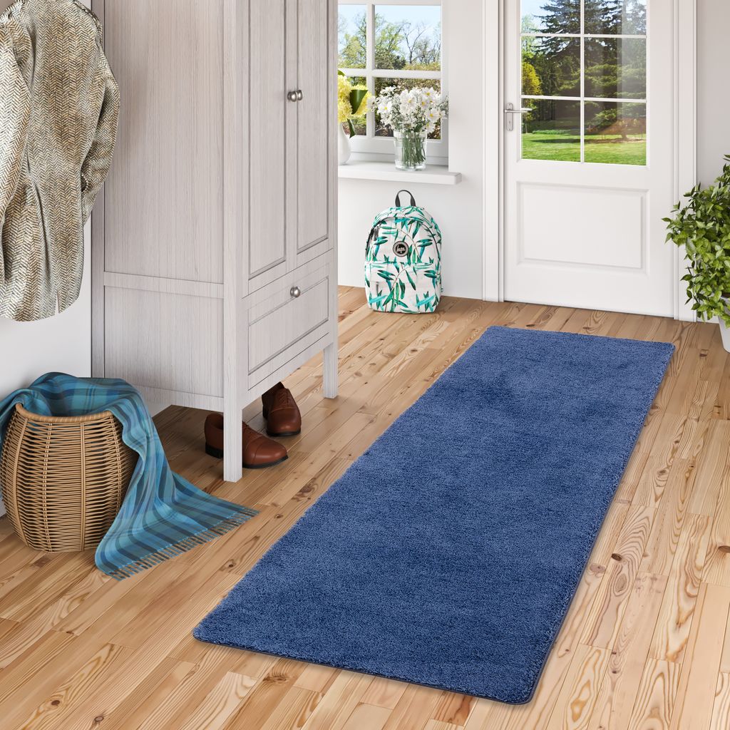 Hochflor Shaggy Läufer Teppich Palace Dunkelblau, Größe:80x200 cm