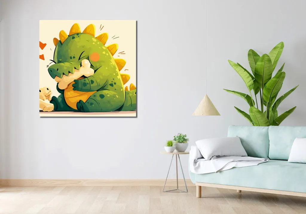 Tableau enfant dinosaure adorable 100 x 100 cm - Décoration murale XL