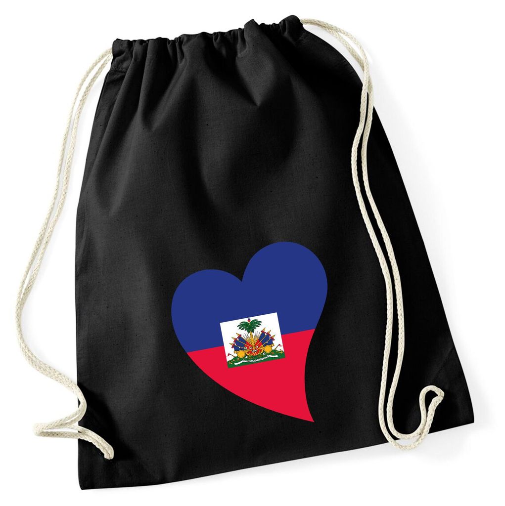 Huuraa Turnbeutel Haiti Flagge Herz 12 Liter Black Baumwolle Rucksack Geschenkidee