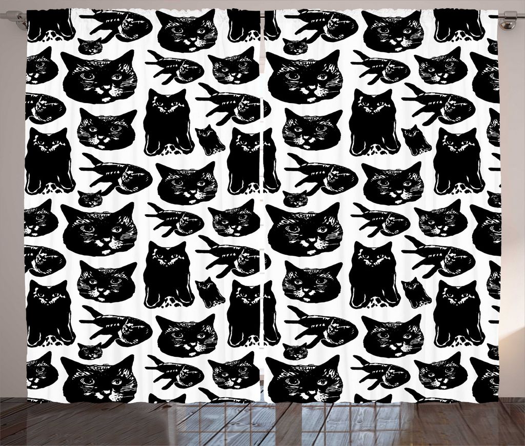 ABAKUHAUS Katzenliebhaber Rustikaler Vorhang, Kitty Theme Portraits, Wohnzimmer Universalband Gardinen mit Schlaufen und Haken, 280 x 225 cm, Charc...