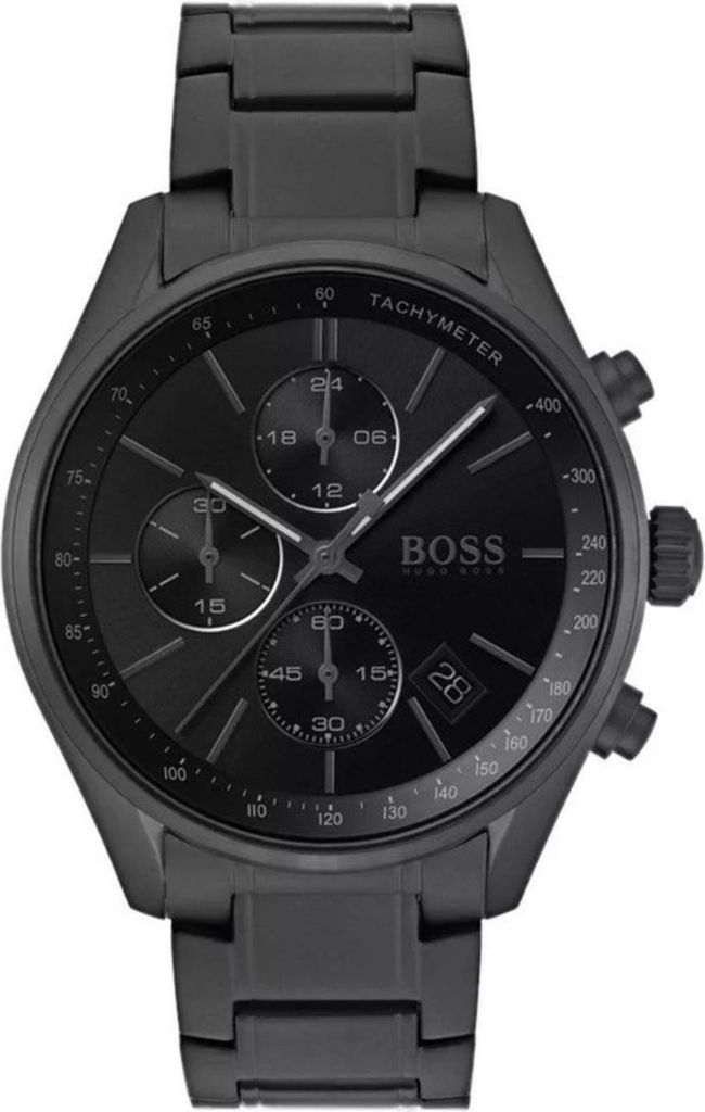 A black Hugo Boss chronograph watch with a metal band, displayed against a black background.