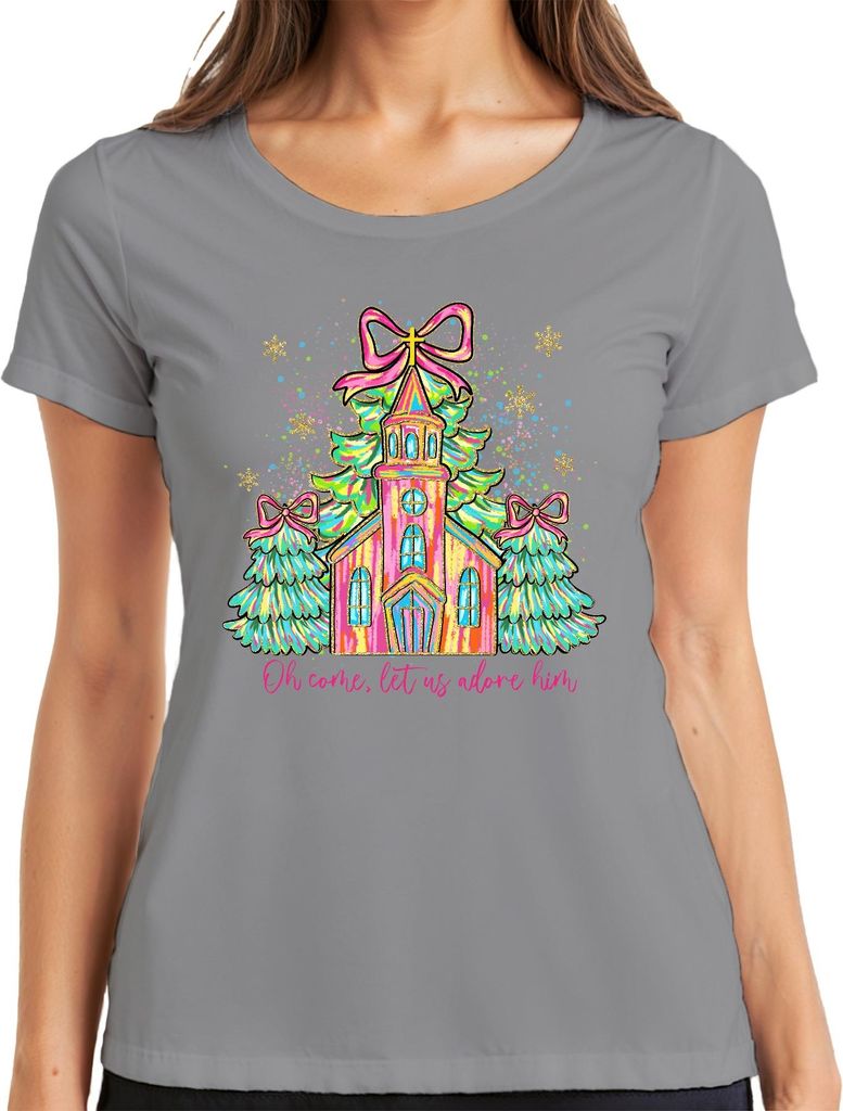 Oh Come Let Us Adore Him Kirche Tannenbaum Schleife Weihnachten Damen T-Shirt, Grau, XL