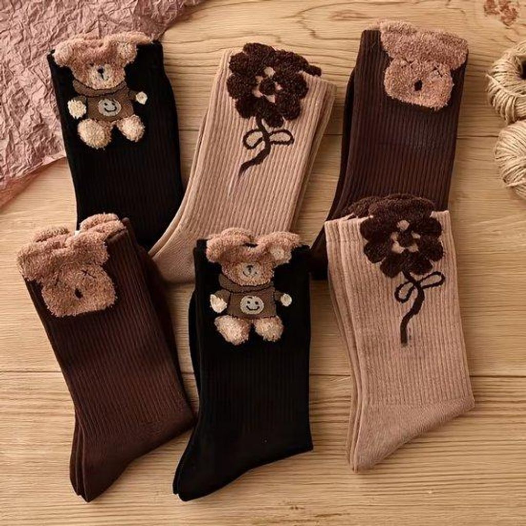 Herfst-winter dameskousen, 6 paar, 3D-verenpatroon, bloemenmotief, cartoonbeer.