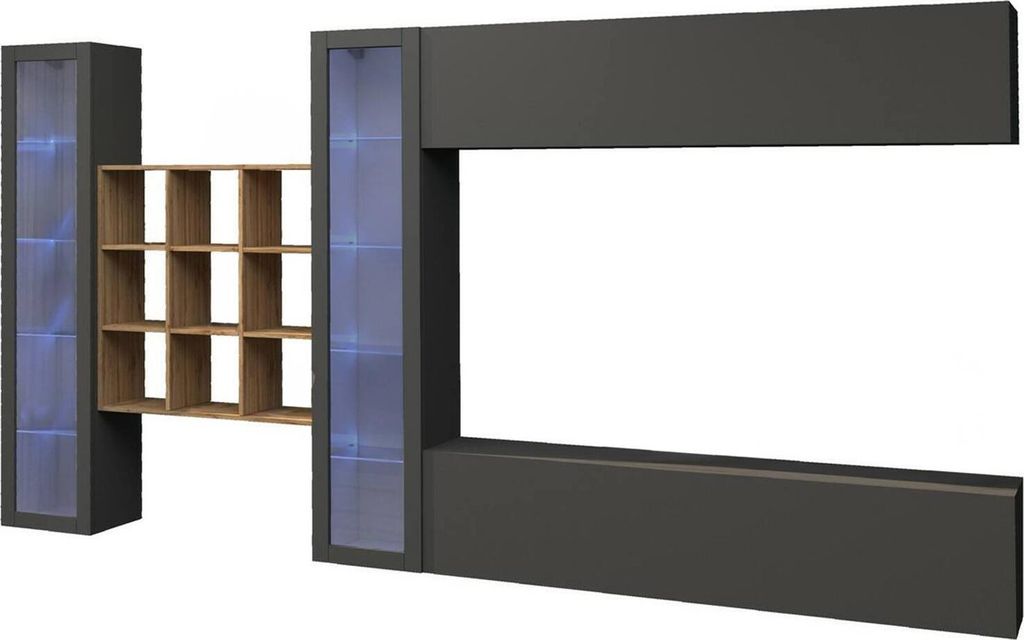 Wohnzimmermöbel Dfancon, Wohnzimmer-Set TV-Möbel mit 4 Türen, Mehrzweck-Wohnzimmermöbel mit Vitrine und LED-Beleuchtung, 100 % Italy, cm 350x30...