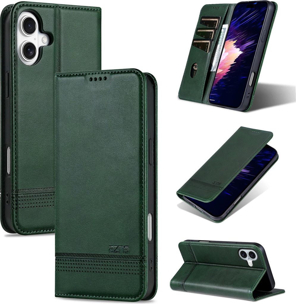 Leder Hülle für iPhone 16 Plus, Klapphüllen Brieftasche Magnetverschluss Ständer Schutzhülle Grün