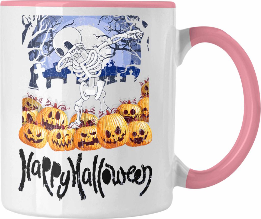 Trendation - Halloween Tasse Kürbis Dekoration Becher Happy Halloween Tanzen Skelet (Rosa)