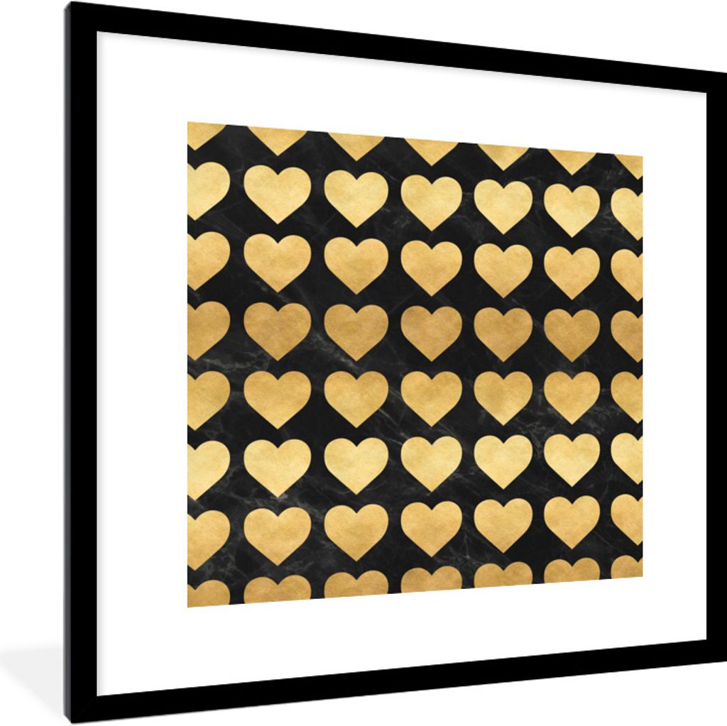 MuchoWow Gerahmtes Poster Muster - Herz - Gold - Schwarz 40x40 cm - Poster mit Schwarzem Bilderrahmen Wandposter Rahmen Foto Bilder - Poster - Pl...